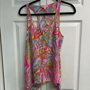 Pink Multi-Color Printed trapeze racer back Tank Top